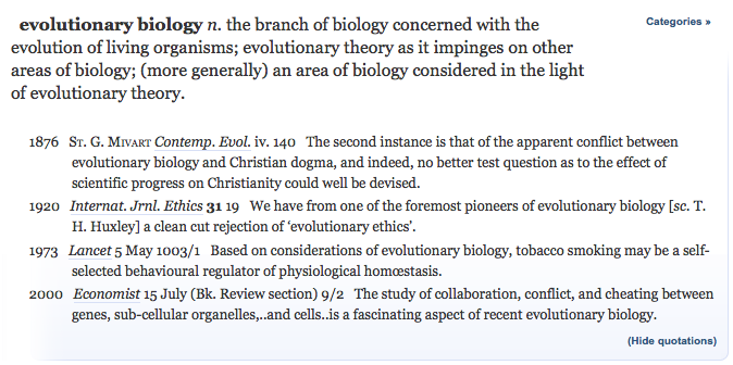 Screenshot of the OED entry for "evolutionary biology."